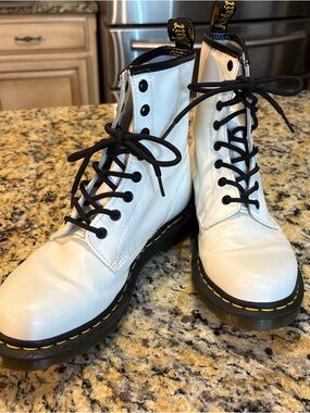 Dr. Martens White Lace-Up Patent Ankle Boots with Yellow Stitching